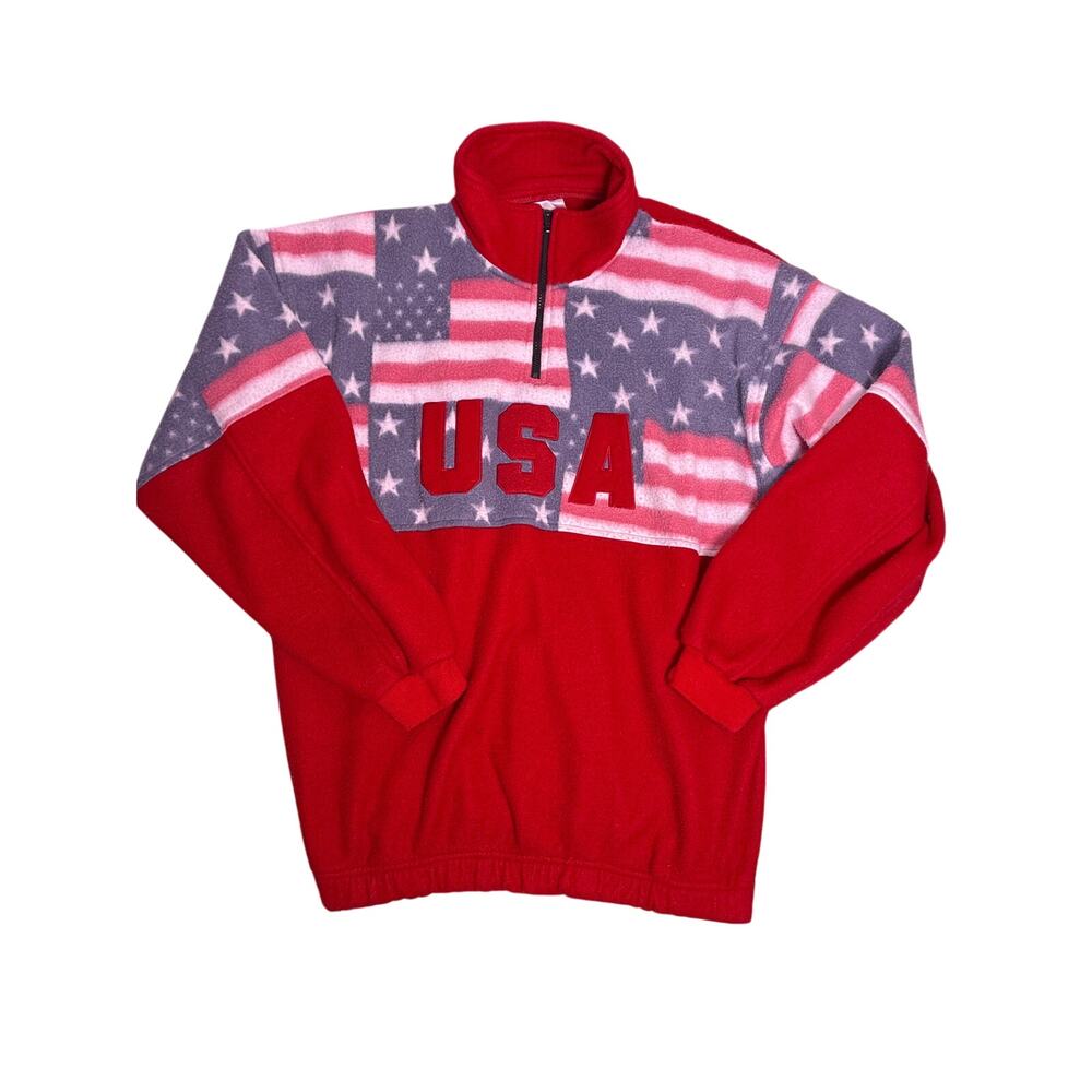 Vintage USA Fleece Quarter Zip Mens Large Embroidered Logo Pullover Patriotic